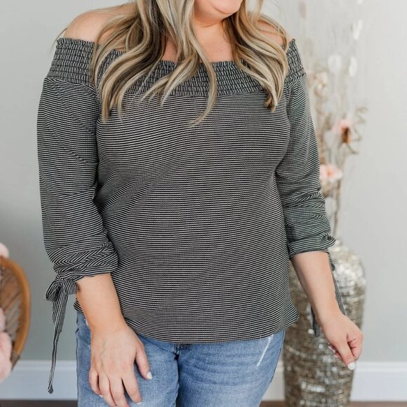 Dreaming of Stripes Off the Shoulder Top- Black & White - Picture 7 of 13